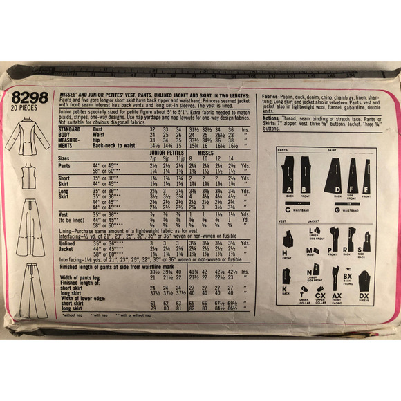 VINTAGE, SIMPLICITY, 1977, VEST, PANTS, JACKET, SKIRT , #8298, MISS SIZE 10 - Picture 2 of 2